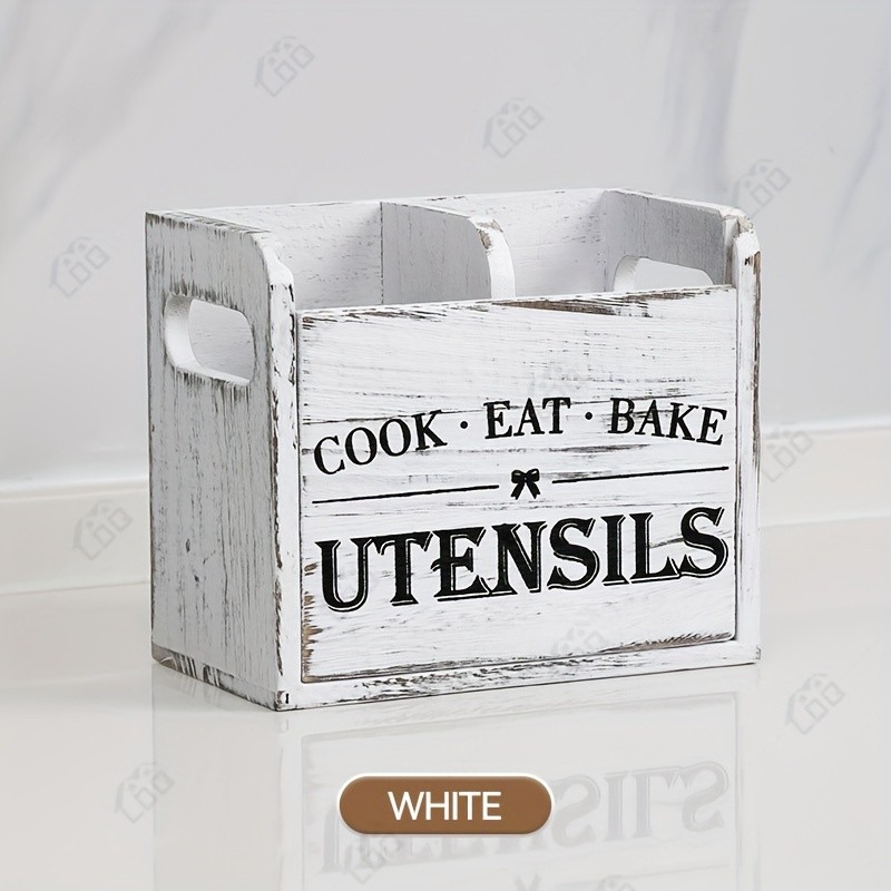 LDQ Rustic Wooden Utensil Holder – 3-Compartment Countertop & Wall-Mounted Organizer for Forks, Spoons, Whisks & Kitchen Tools