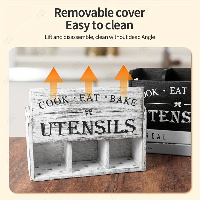 LDQ Rustic Wooden Utensil Holder – 3-Compartment Countertop & Wall-Mounted Organizer for Forks, Spoons, Whisks & Kitchen Tools