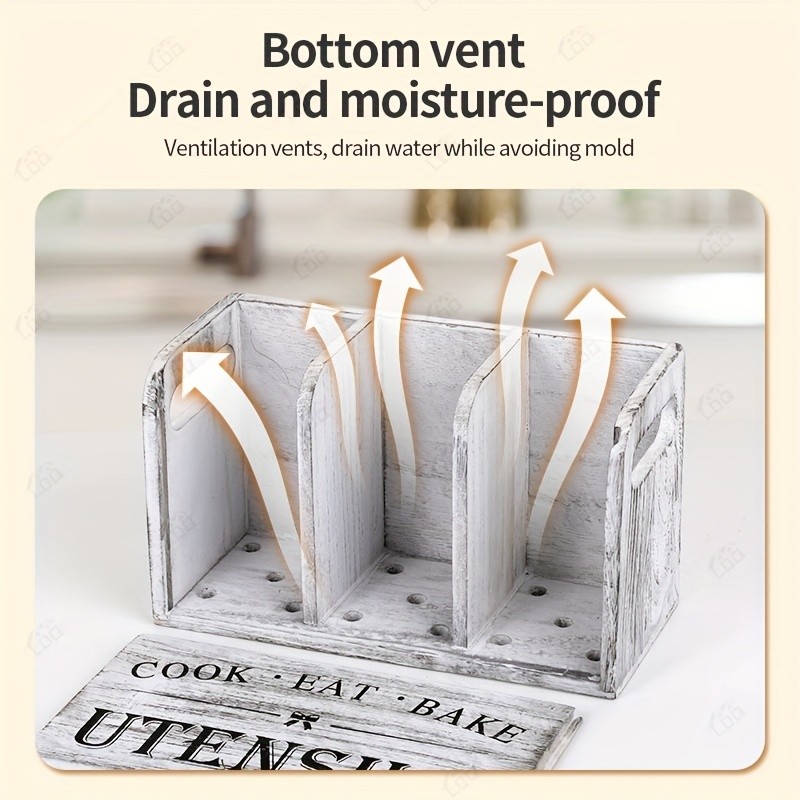 LDQ Rustic Wooden Utensil Holder – 3-Compartment Countertop & Wall-Mounted Organizer for Forks, Spoons, Whisks & Kitchen Tools