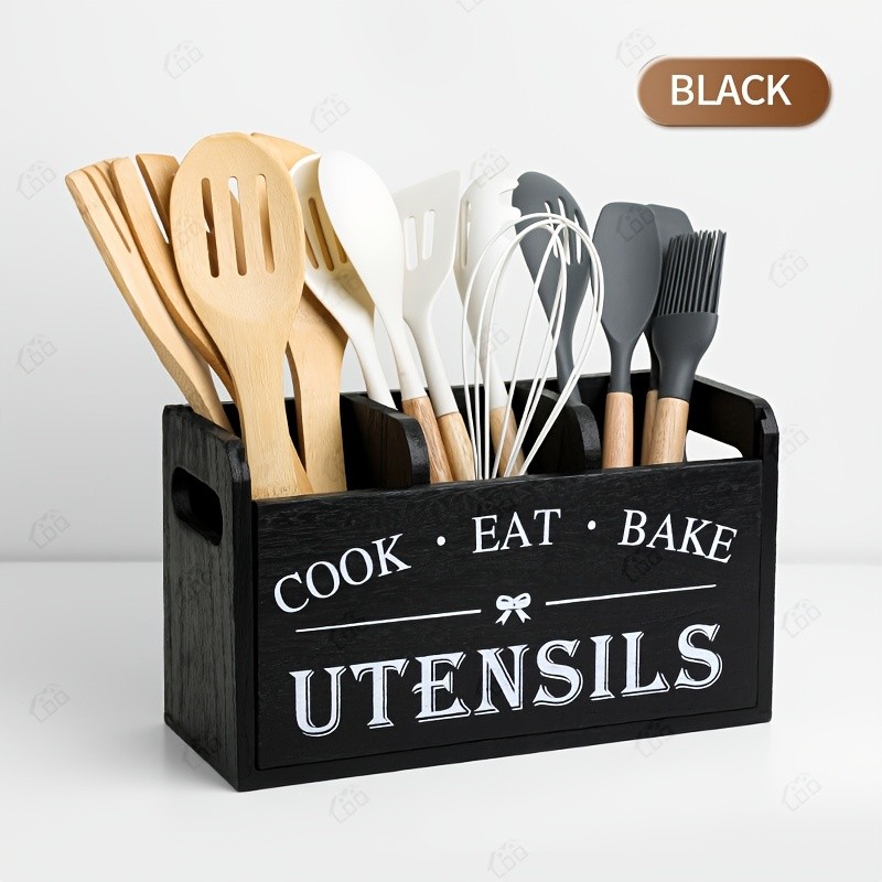 LDQ Rustic Wooden Utensil Holder – 3-Compartment Countertop & Wall-Mounted Organizer for Forks, Spoons, Whisks & Kitchen Tools