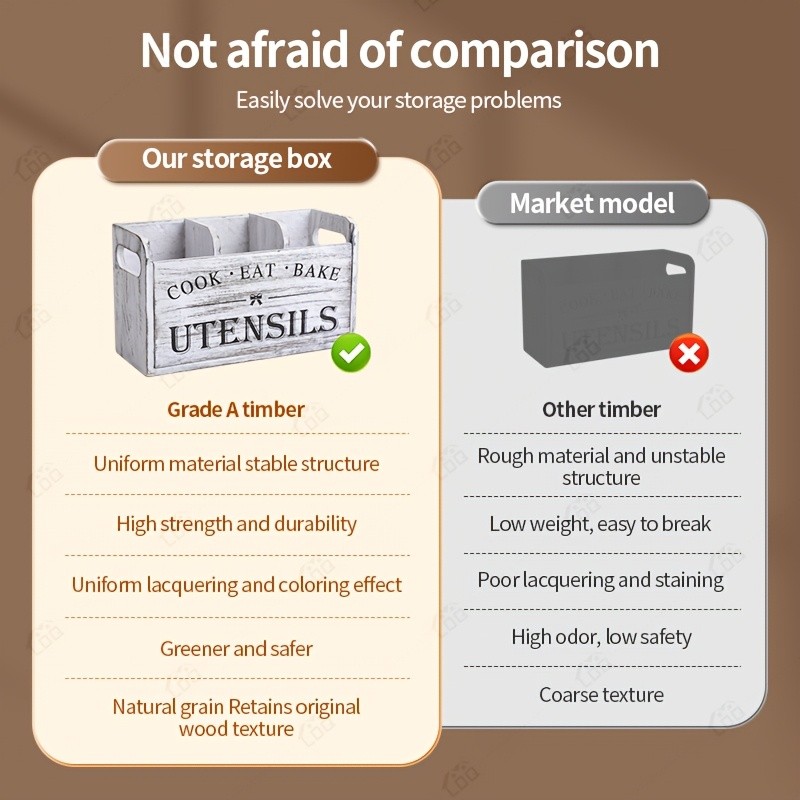 LDQ Rustic Wooden Utensil Holder – 3-Compartment Countertop & Wall-Mounted Organizer for Forks, Spoons, Whisks & Kitchen Tools
