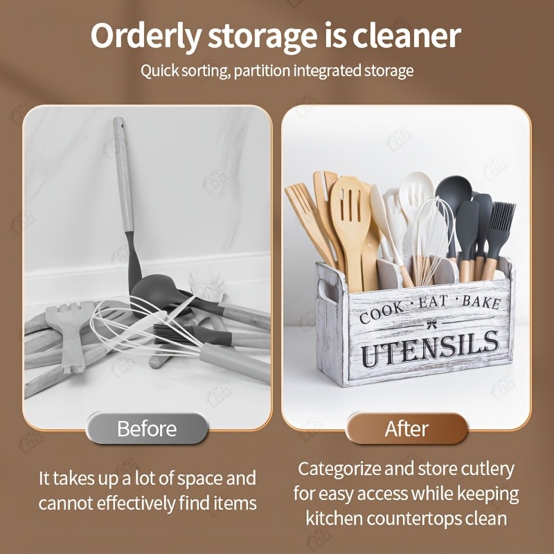 LDQ Rustic Wooden Utensil Holder – 3-Compartment Countertop & Wall-Mounted Organizer for Forks, Spoons, Whisks & Kitchen Tools