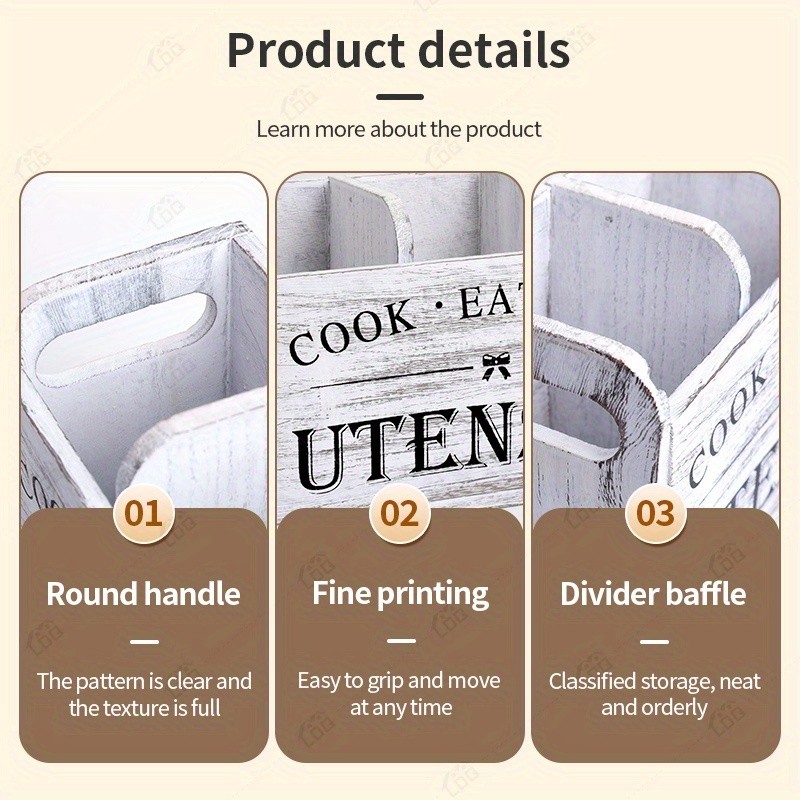 LDQ Rustic Wooden Utensil Holder – 3-Compartment Countertop & Wall-Mounted Organizer for Forks, Spoons, Whisks & Kitchen Tools