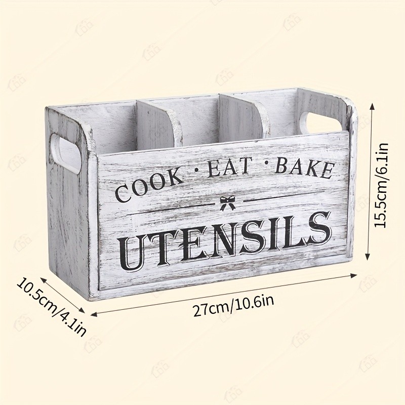 LDQ Rustic Wooden Utensil Holder – 3-Compartment Countertop & Wall-Mounted Organizer for Forks, Spoons, Whisks & Kitchen Tools