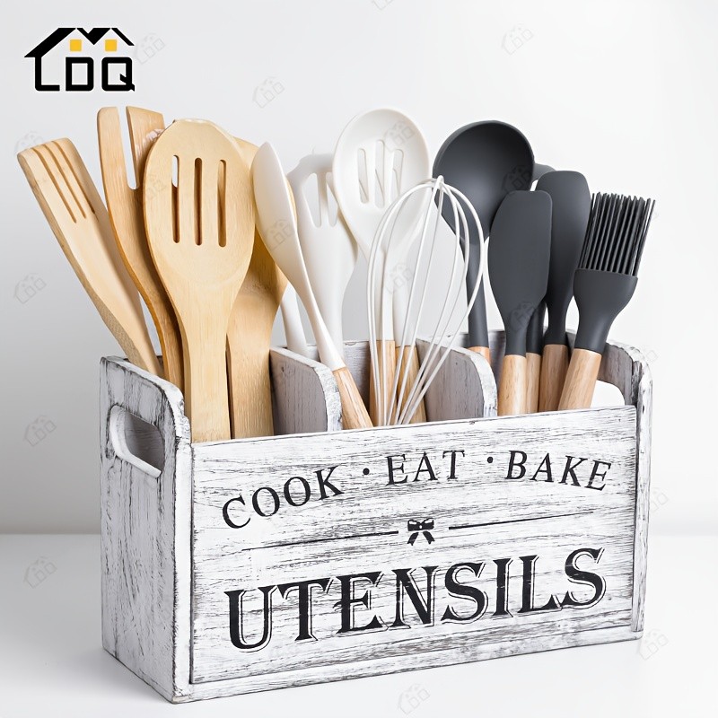 LDQ Rustic Wooden Utensil Holder – 3-Compartment Countertop & Wall-Mounted Organizer for Forks, Spoons, Whisks & Kitchen Tools