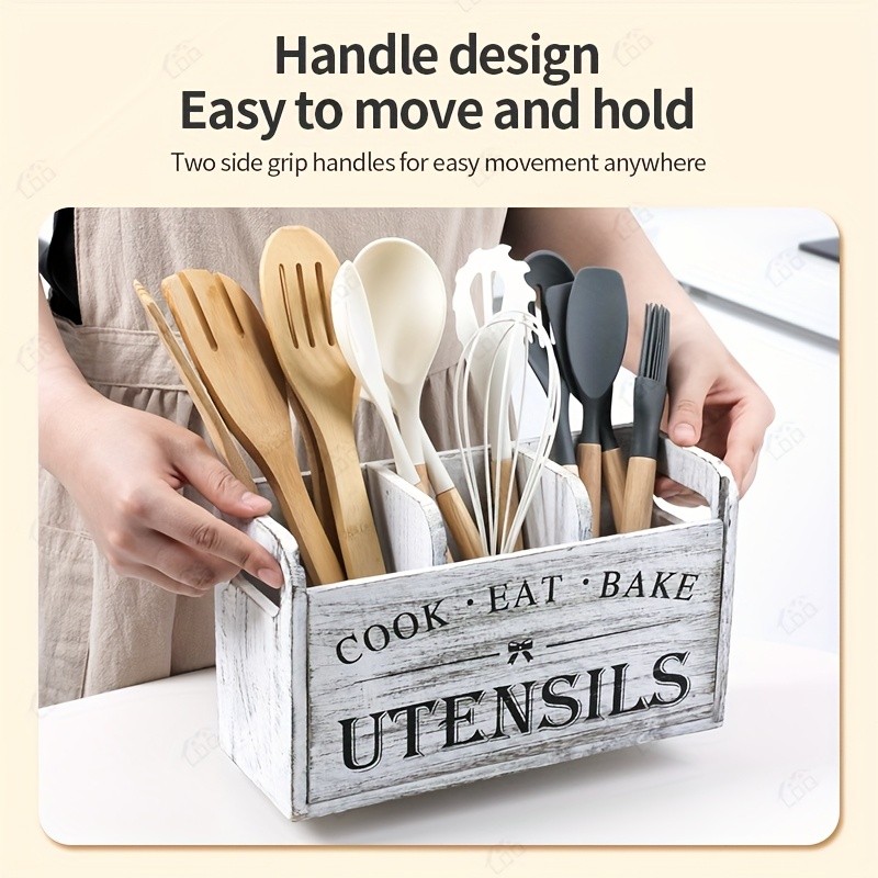 LDQ Rustic Wooden Utensil Holder – 3-Compartment Countertop & Wall-Mounted Organizer for Forks, Spoons, Whisks & Kitchen Tools