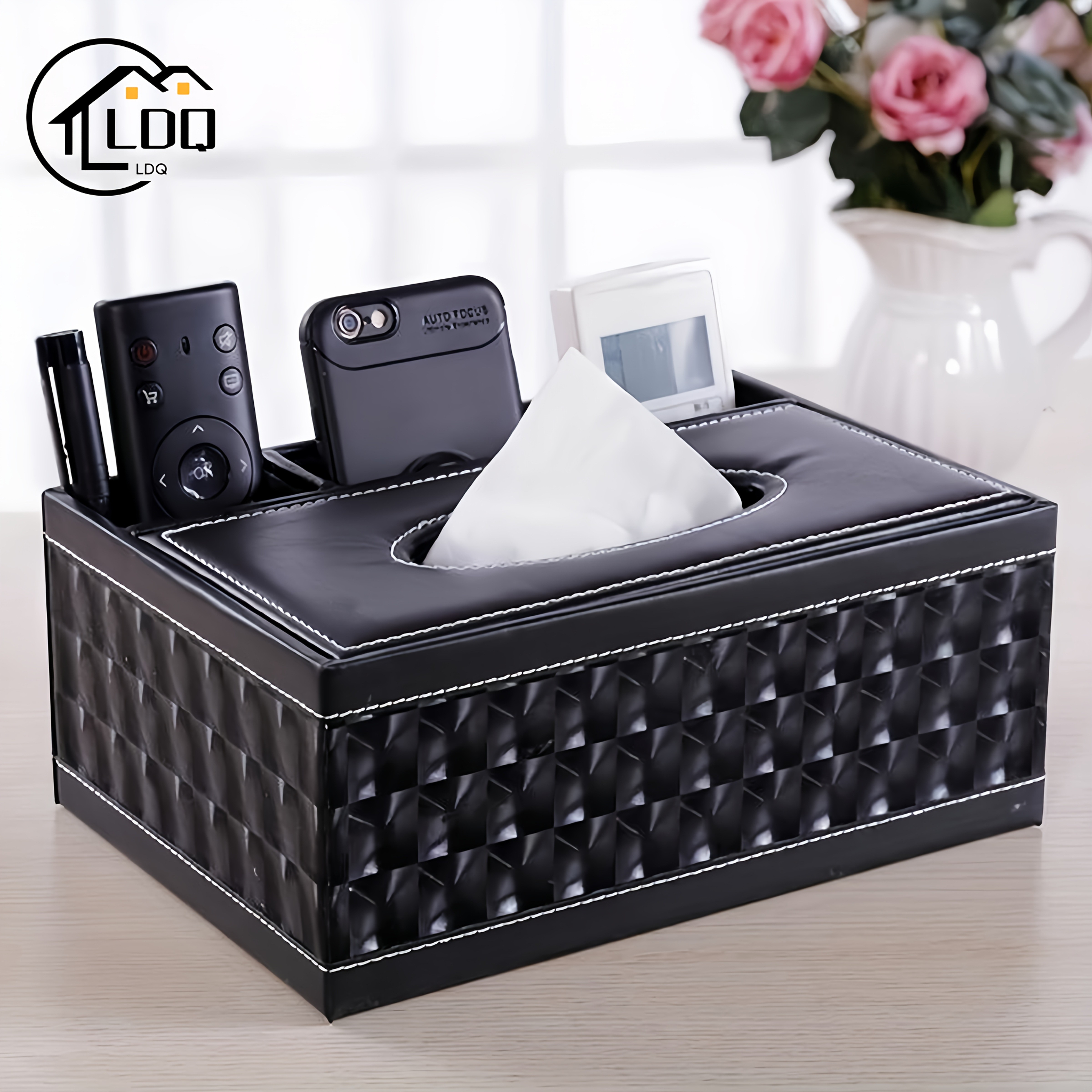LDQ Multi-Functional Faux Leather Tissue & Storage Box – 4-Compartment Organizer for Remotes, Napkins & Home Essentials