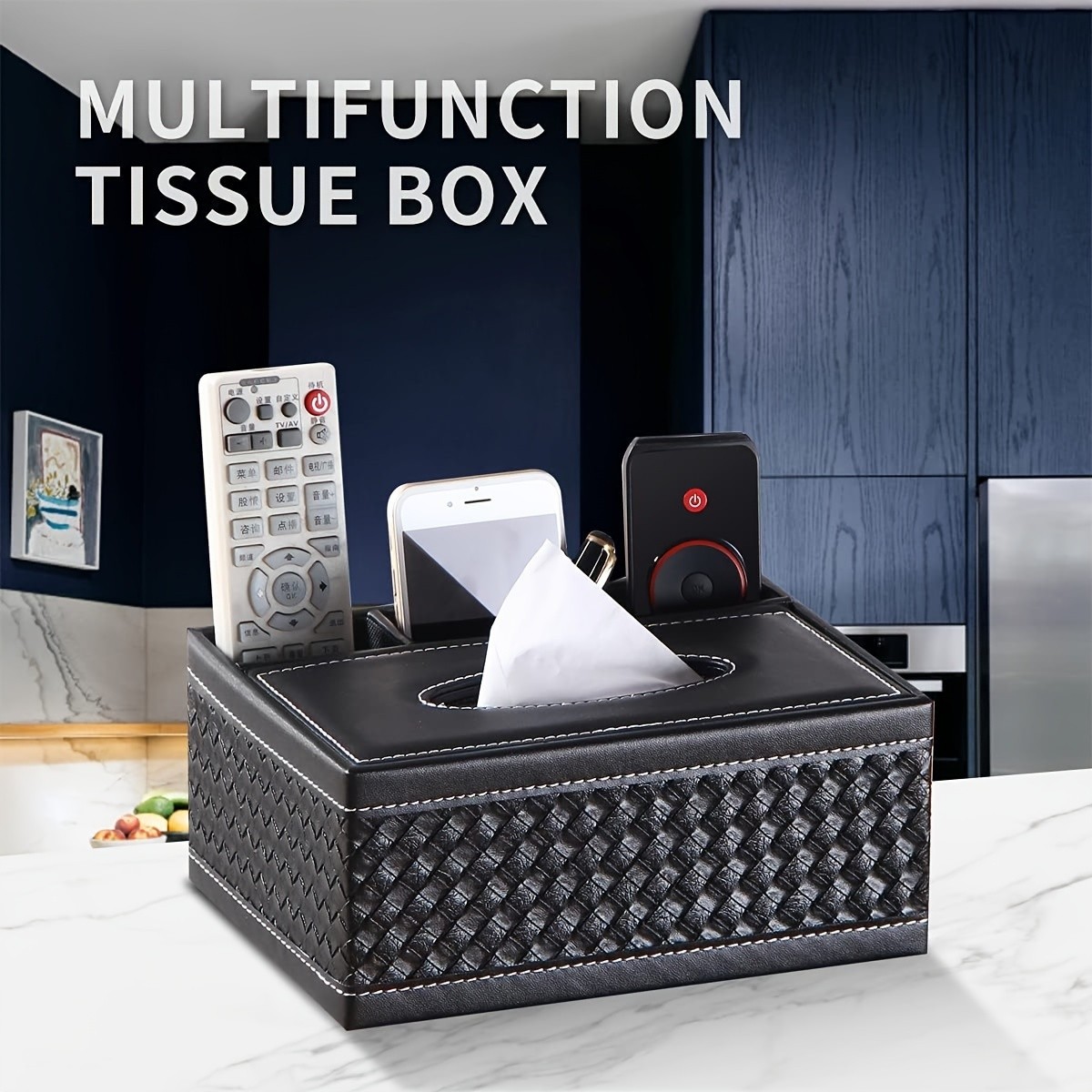 LDQ Multi-Functional Faux Leather Tissue & Storage Box – 4-Compartment Organizer for Remotes, Napkins & Home Essentials