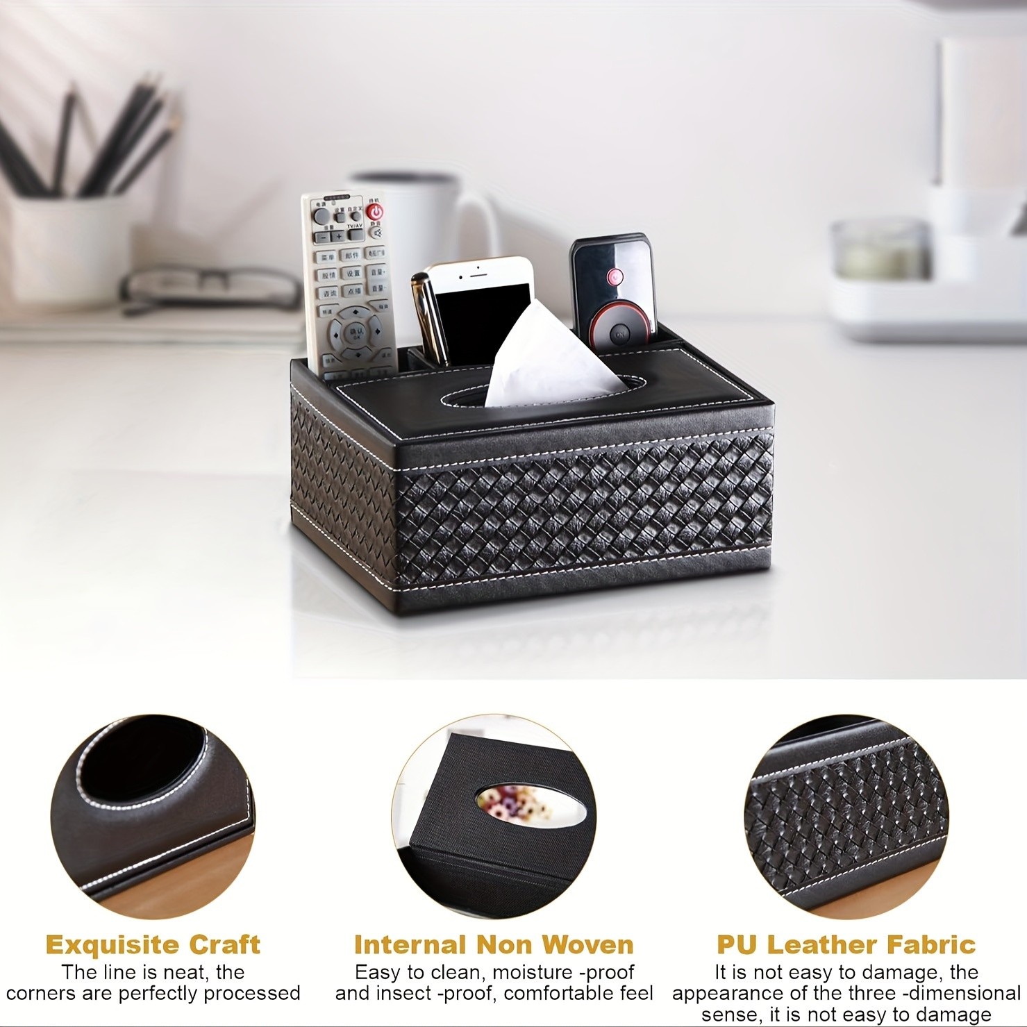 LDQ Multi-Functional Faux Leather Tissue & Storage Box – 4-Compartment Organizer for Remotes, Napkins & Home Essentials