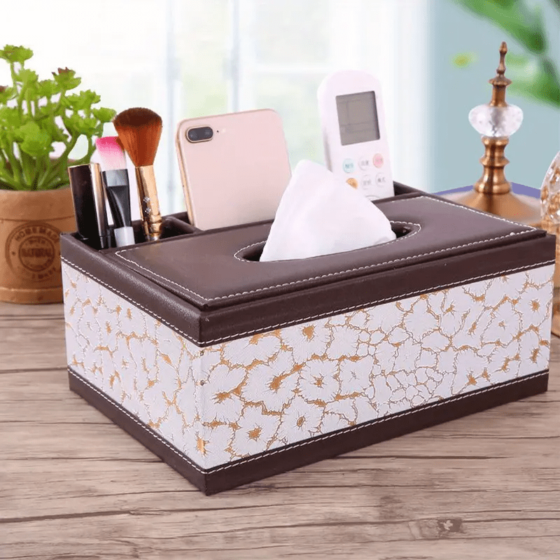 LDQ Multi-Functional Faux Leather Tissue & Storage Box – 4-Compartment Organizer for Remotes, Napkins & Home Essentials