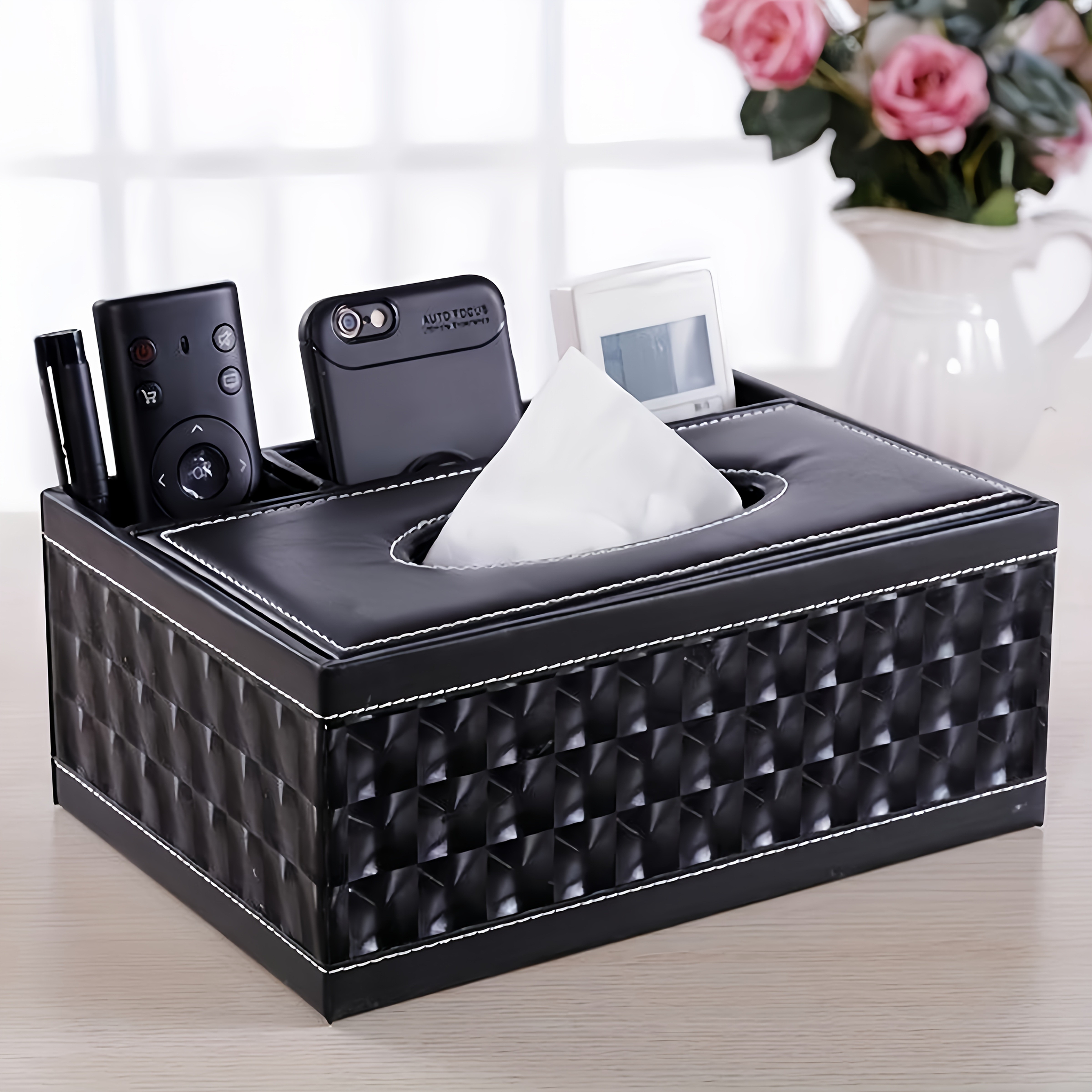 LDQ Multi-Functional Faux Leather Tissue & Storage Box – 4-Compartment Organizer for Remotes, Napkins & Home Essentials