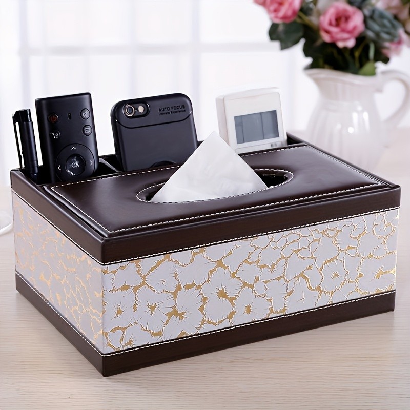 LDQ Multi-Functional Faux Leather Tissue & Storage Box – 4-Compartment Organizer for Remotes, Napkins & Home Essentials
