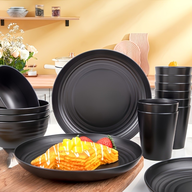 LDQ Unbreakable Plastic Dinnerware Set – 12pcs/16pcs Microwave & Dishwasher-Safe Plates, Bowls & Cups for Parties & Everyday Use