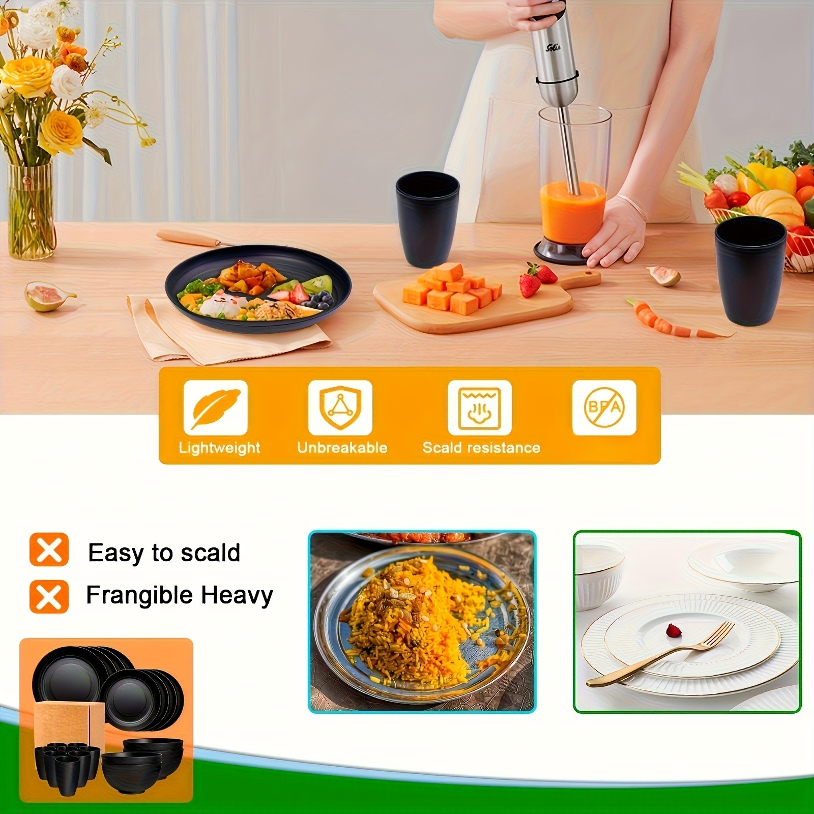 LDQ Unbreakable Plastic Dinnerware Set – 12pcs/16pcs Microwave & Dishwasher-Safe Plates, Bowls & Cups for Parties & Everyday Use