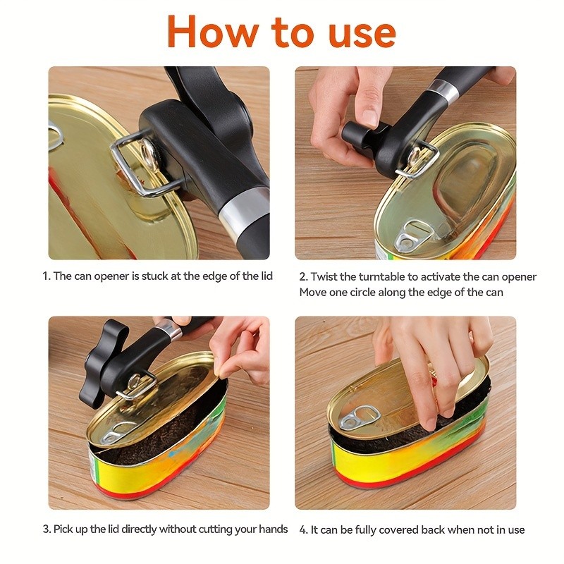 LDQ Stainless Steel TLDOD Manual Can Opener – Quick Side-Opening Kitchen Tool with Ergonomic Black Handle