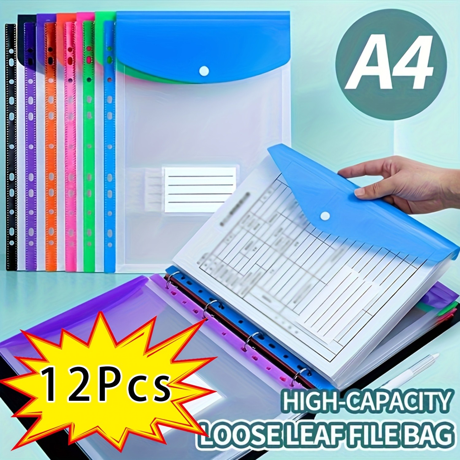 LDQ 12-Pack A4 Expanding File Folders – Heavy-Duty PP Document Organizers with Push-Button Lock & 11-Ring Binder Pockets