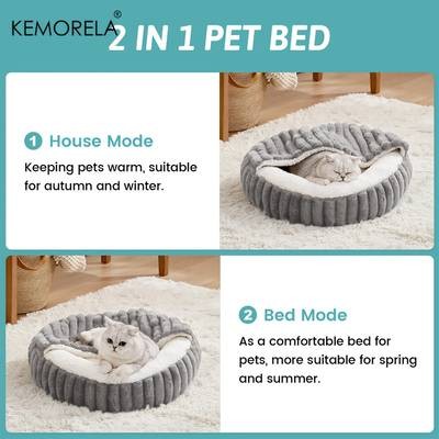 KEMORELA Calming Warm Kitten Bed – Round Hooded Plush Cat Cave