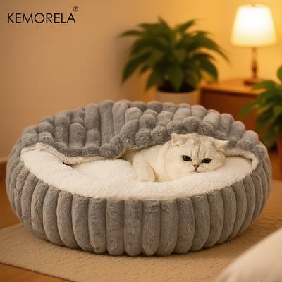 KEMORELA Calming Warm Kitten Bed – Round Hooded Plush Cat Cave