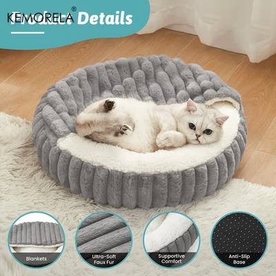 KEMORELA Calming Warm Kitten Bed – Round Hooded Plush Cat Cave