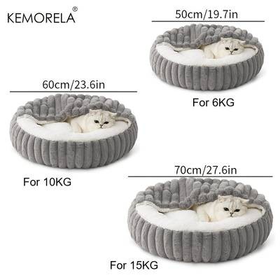KEMORELA Calming Warm Kitten Bed – Round Hooded Plush Cat Cave