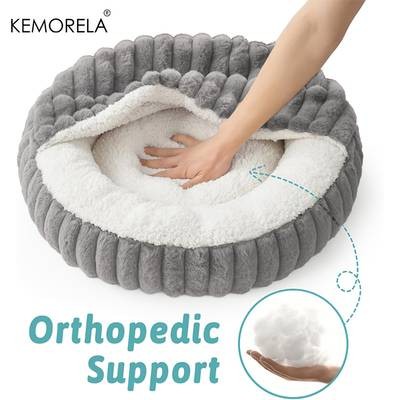 KEMORELA Calming Warm Kitten Bed – Round Hooded Plush Cat Cave