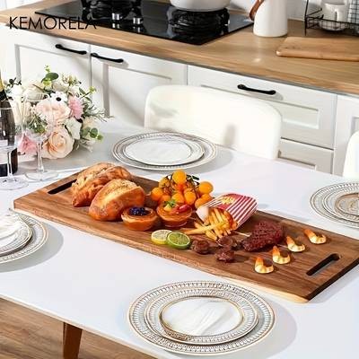 KEMORELA Extra Long Wooden Serving Board with Handles – Elegant Dark Brown Charcuterie & Cutting Board