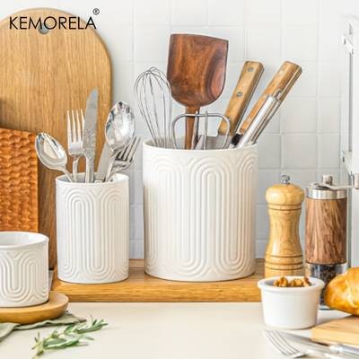 KEMORELA Ceramic Kitchen Utensil Holder Set – 1/2pcs Arctic White Embossed Countertop Organizers