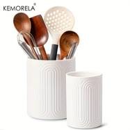 KEMORELA Ceramic Kitchen Utensil Holder Set – 1/2pcs Arctic White Embossed Countertop Organizers