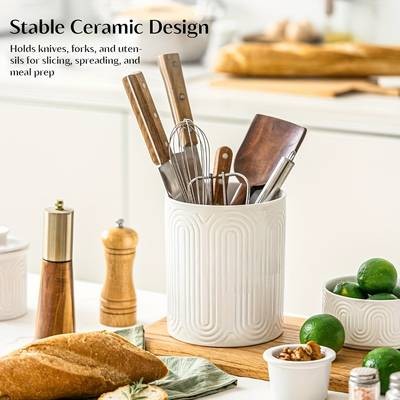KEMORELA Ceramic Kitchen Utensil Holder Set – 1/2pcs Arctic White Embossed Countertop Organizers