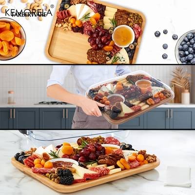KEMORELA Large Charcuterie Plate with Lid – Elegant Wooden Serving Board for Cheese, Snacks & Parties