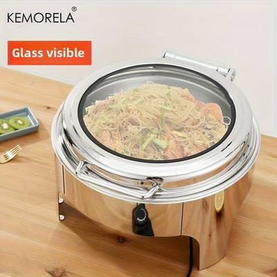 KEMORELA Golden Stainless Steel Hot Pot Buffet Set – Round Chafing Dish with Glass Window & Stand