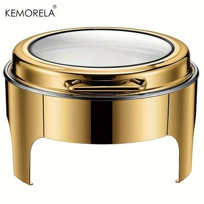 KEMORELA Golden Stainless Steel Hot Pot Buffet Set – Round Chafing Dish with Glass Window & Stand