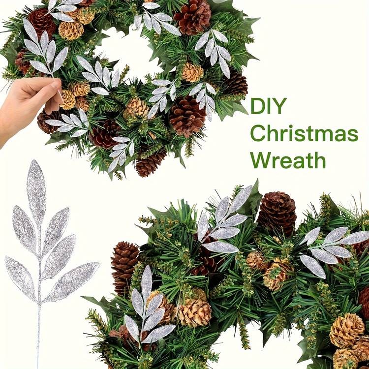 NLDD 16-Piece Artificial Glitter Leaf Spray Pick Set – Silvery Christmas Decor Branches (13”)