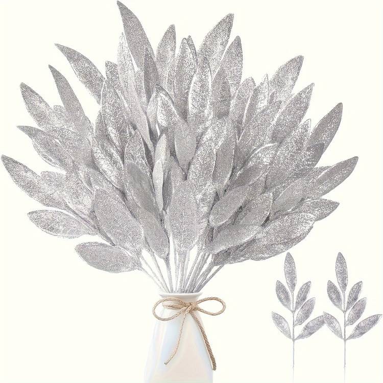 NLDD 16-Piece Artificial Glitter Leaf Spray Pick Set – Silvery Christmas Decor Branches (13”)