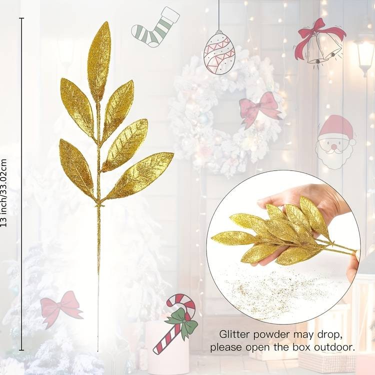 NLDD 16-Piece Artificial Glitter Leaf Spray Pick Set – Silvery Christmas Decor Branches (13”)
