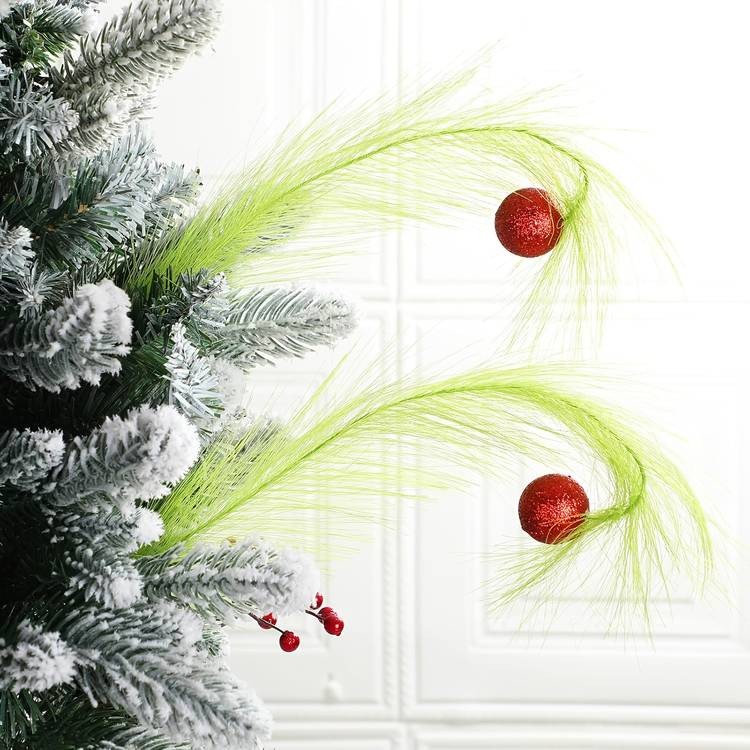 NLDD 12pcs Artificial Christmas Tree Stems – Lime Green Furry Holiday Picks with Red Berries