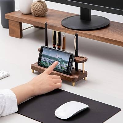 YIMUWN Walnut Wood Desk Organizer – Multifunctional Pen Holder, Phone Stand & Storage