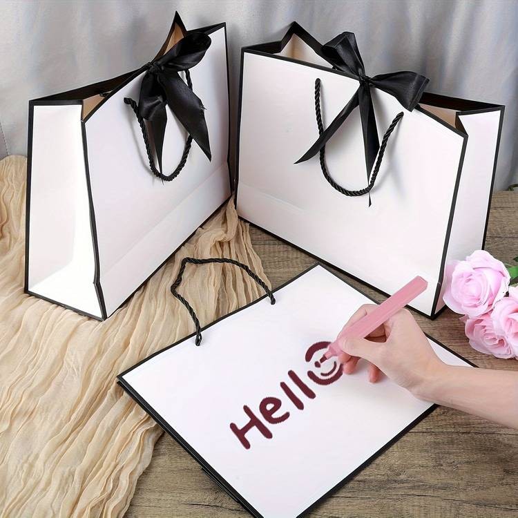 YIMUWN 10-Pack Elegant White Gift Bags with Satin-Like Black Ribbon Bows – Premium Multi-Size Paper Favor Bags