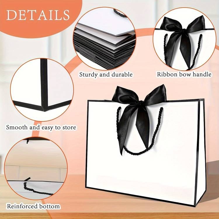 YIMUWN 10-Pack Elegant White Gift Bags with Satin-Like Black Ribbon Bows – Premium Multi-Size Paper Favor Bags