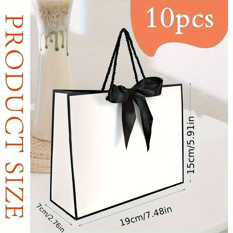YIMUWN 10-Pack Elegant White Gift Bags with Satin-Like Black Ribbon Bows – Premium Multi-Size Paper Favor Bags