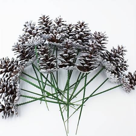 YIMUWN 24pcs Artificial Christmas Pine Cone Branches – Brushed White Holiday Picks with Evergreen Sprigs