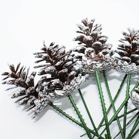 YIMUWN 24pcs Artificial Christmas Pine Cone Branches – Brushed White Holiday Picks with Evergreen Sprigs