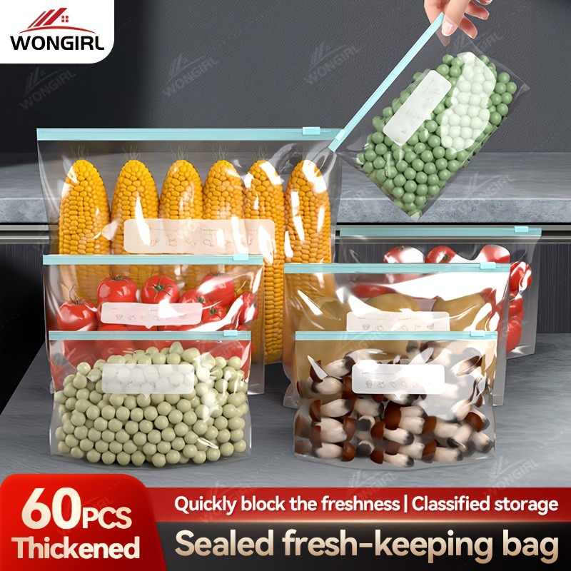 LDQ 60pcs Leak-Proof Food Storage Bag Set – Reusable Multi-Size Kitchen Organisers for Fresher NZ Ingredients