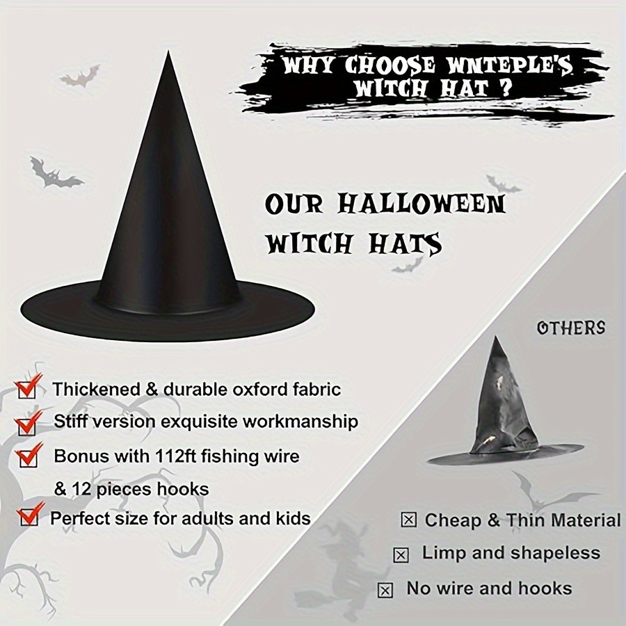MCMLS Halloween Floating Witch Hat Set – 12pcs Black Hanging Wizard Hats for NZ Indoor & Outdoor Party Décor