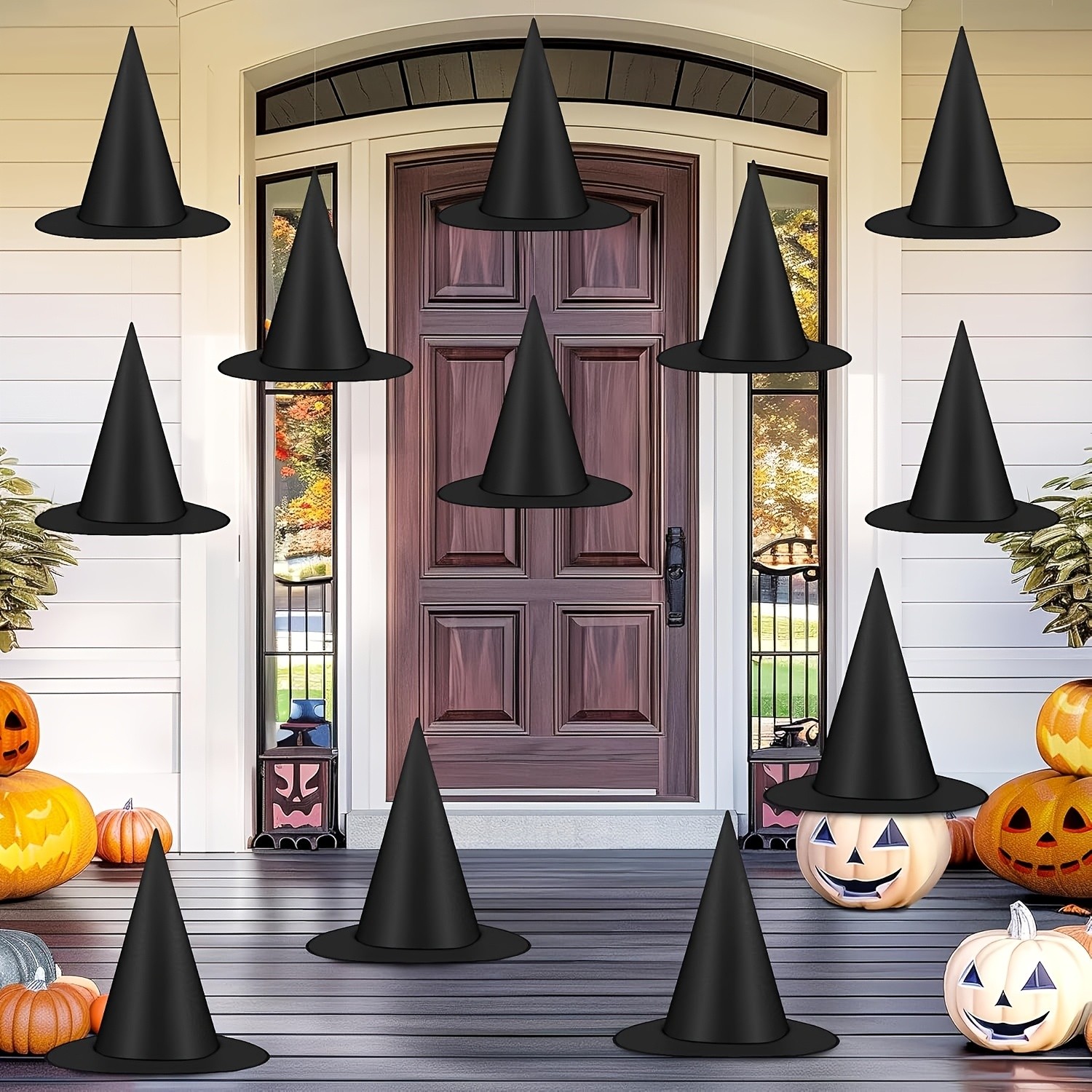 MCMLS Halloween Floating Witch Hat Set – 12pcs Black Hanging Wizard Hats for NZ Indoor & Outdoor Party Décor