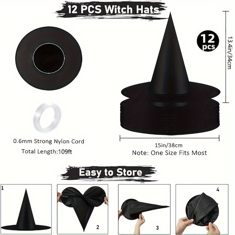 MCMLS Halloween Floating Witch Hat Set – 12pcs Black Hanging Wizard Hats for NZ Indoor & Outdoor Party Décor