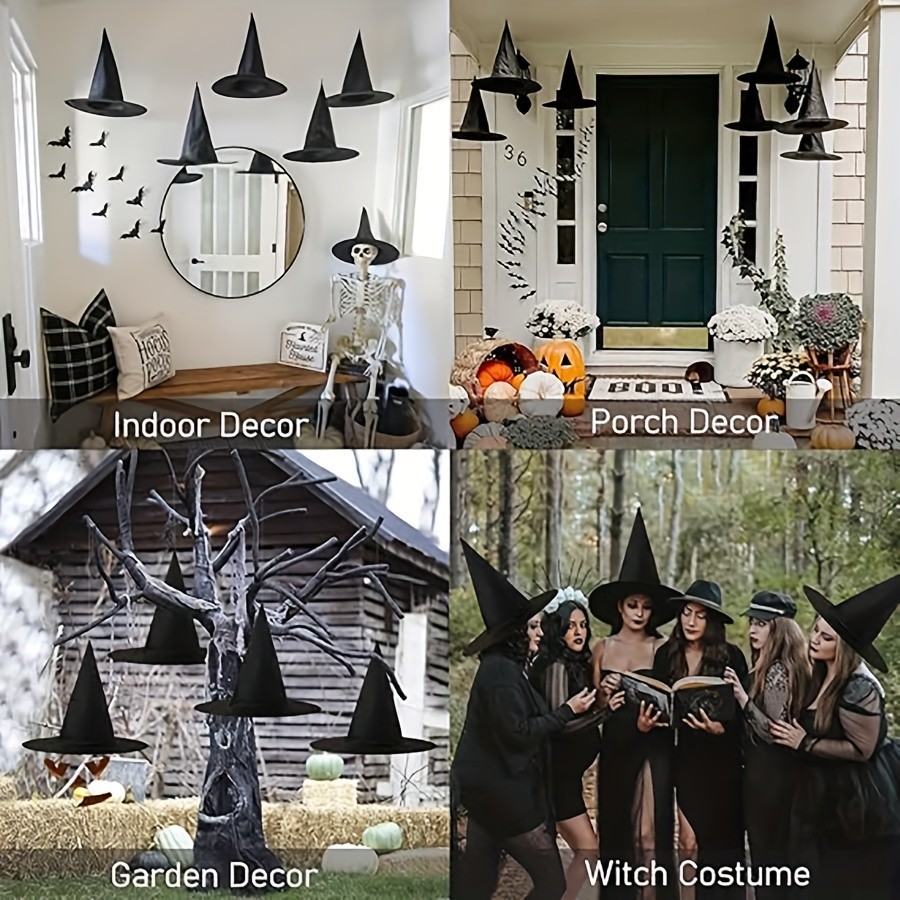MCMLS Halloween Floating Witch Hat Set – 12pcs Black Hanging Wizard Hats for NZ Indoor & Outdoor Party Décor