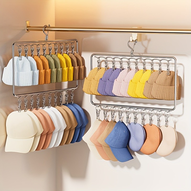 MCMLS Heavy-Duty Stainless Steel 2-Tier Hat Hanger Organizer – 20-Clip Over-Door/ Ceiling Mount for NZ Closet & Laundry Storage