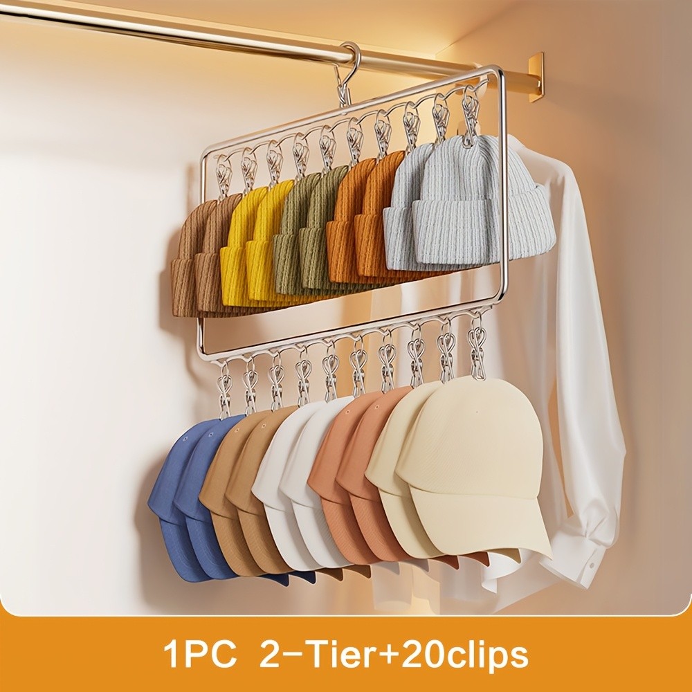 MCMLS Heavy-Duty Stainless Steel 2-Tier Hat Hanger Organizer – 20-Clip Over-Door/ Ceiling Mount for NZ Closet & Laundry Storage