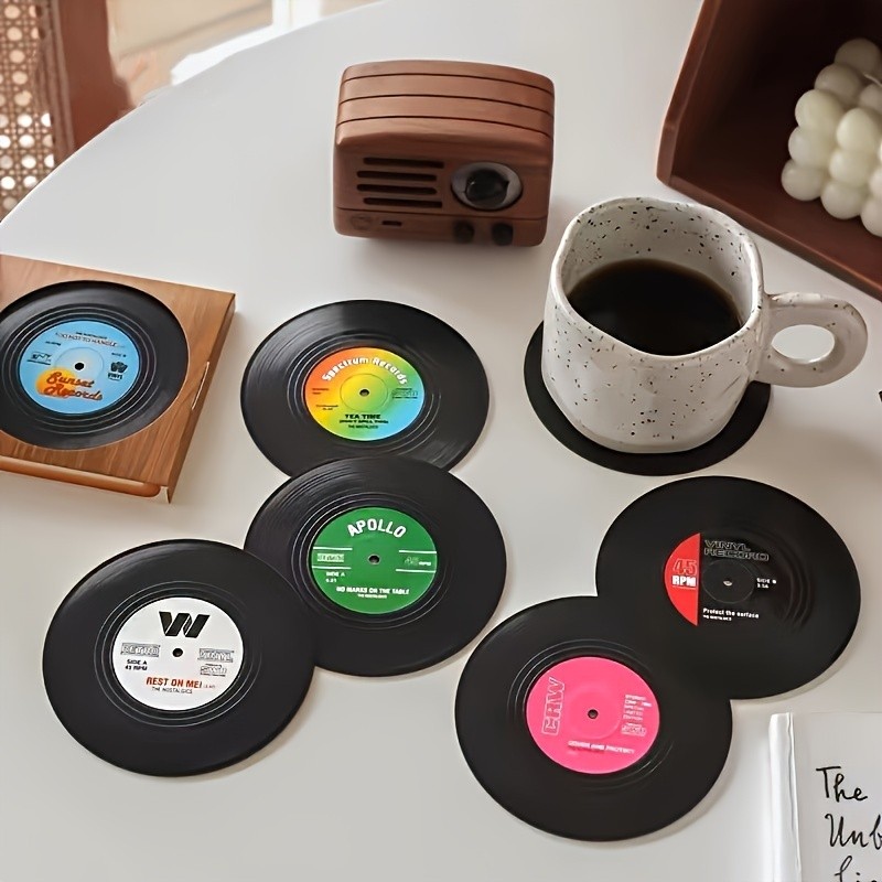 YUHUPHYLLIC Vintage Record Coasters – 6pcs Retro Vinyl CD Drink Mats for NZ Coffee Bars & Home Décor